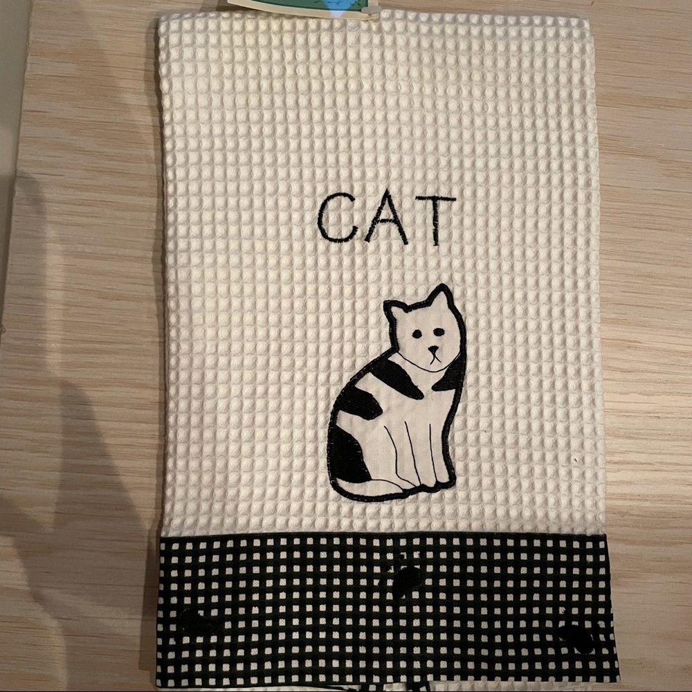 3 Waffle knit dish towels with embroidered cat